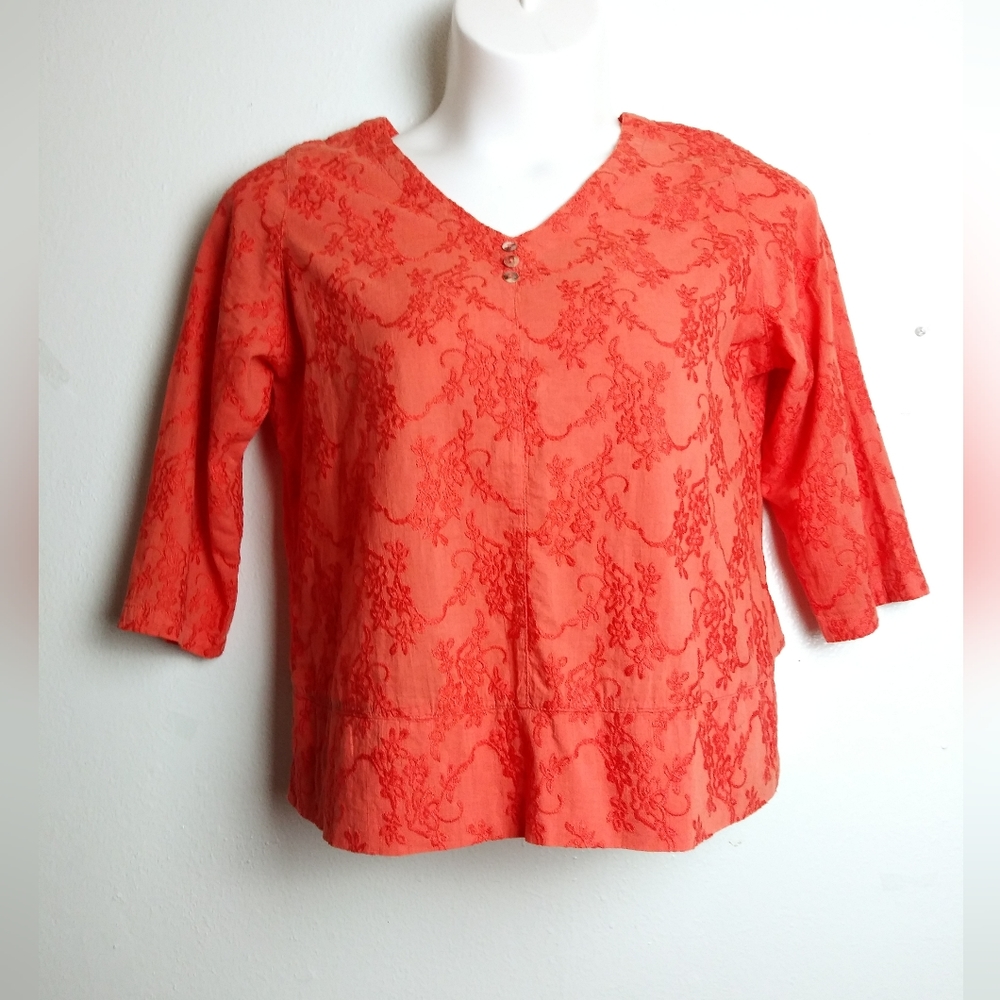 VINTAGE Size L Vibrant Red and Orange Boxy Blouse with Three-Quarter Sleeves